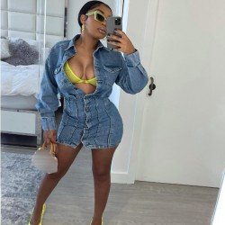 Fall Solid Long Sleeve Denim Short Dress