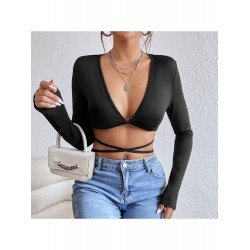 Sexy Fall V Neck Tie Wrap Crop Tops Sexy Fall V Neck Tie Wrap Crop Tops