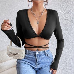 Sexy Fall V Neck Tie Wrap Crop Tops
