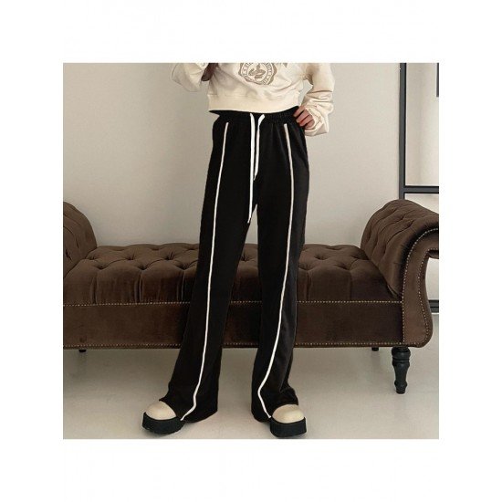 Casual Patchwork Drawstring Leg Black Long Pant Trousers