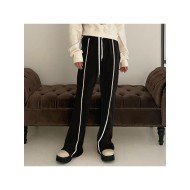 Casual Patchwork Drawstring Leg Black Long Pant Trousers