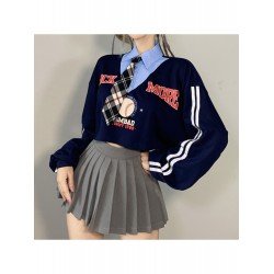 Preppy Style Printed Patchwork Crop Tops Preppy Style Printed Patchwork Crop Tops