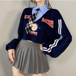 Preppy Style Printed Patchwork Crop Tops