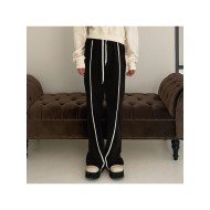 Casual Patchwork Drawstring Leg Black Long Pant Trousers