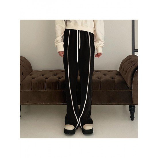 Casual Patchwork Drawstring Leg Black Long Pant Trousers