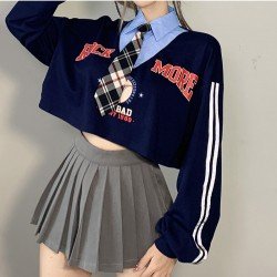 Preppy Style Printed Patchwork Crop Tops