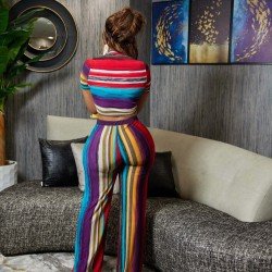  Fashion Striped Crop Top And Loose Trouser Sets
