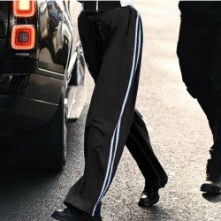 Casual Black Straight Leg Drawstring Trousers For Women