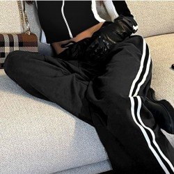 Casual Black Straight Leg Drawstring Trousers For Women