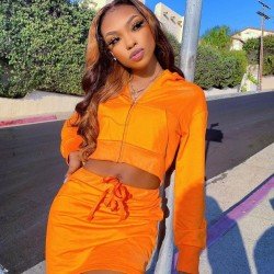 Hooded Collar Coat Top And Skirt Sets For Women