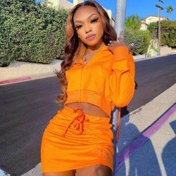 Hooded Collar Coat Top And Skirt Sets For Women