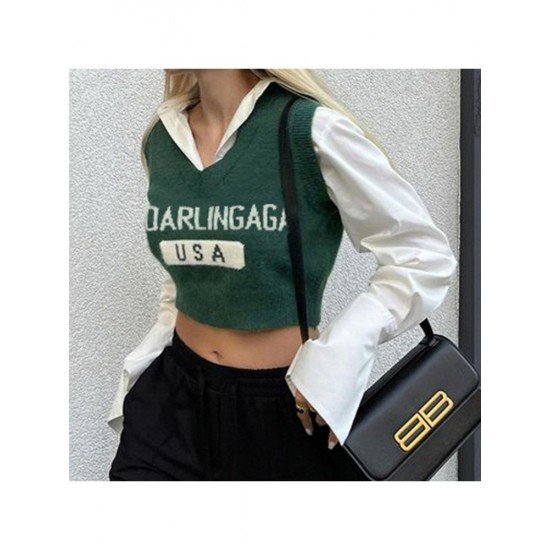  2024 American Retro Letter V-Neck Women's Knitted Vest
