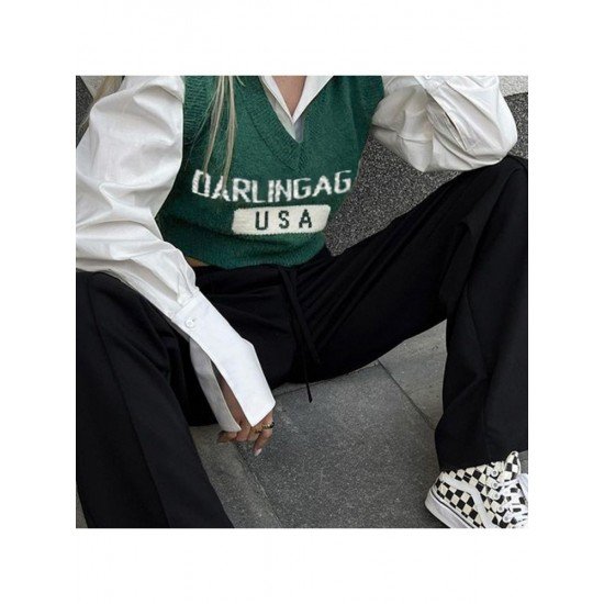  2024 American Retro Letter V-Neck Women's Knitted Vest