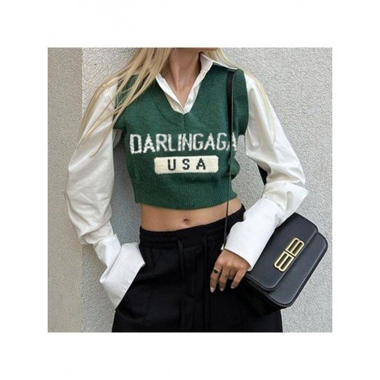  2024 American Retro Letter V-Neck Women's Knitted Vest