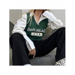  2024 American Retro Letter V-Neck Women's Knitted Vest