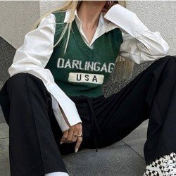  2024 American Retro Letter V-Neck Women's Knitted Vest