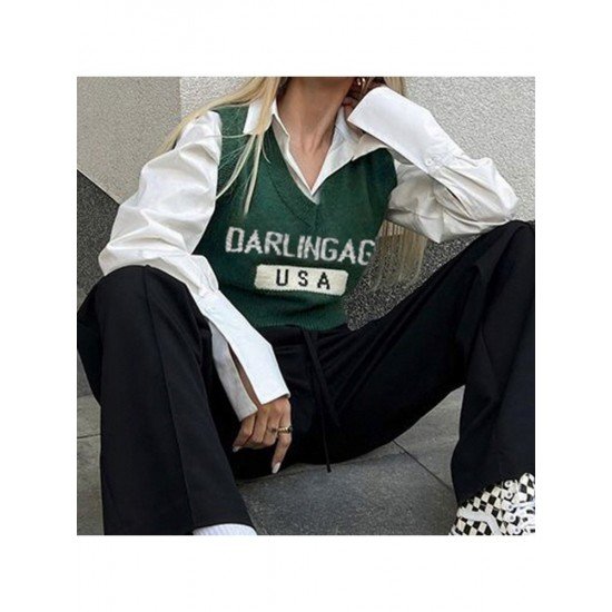  2024 American Retro Letter V-Neck Women's Knitted Vest