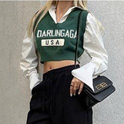  2024 American Retro Letter V-Neck Women's Knitted Vest