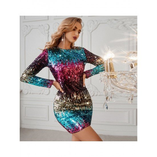 Nightclub Long Sleeve Sequined Short Dress