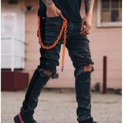  Fashion Pure Color Ripped Chain Men's Denim Jeans