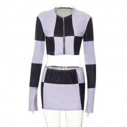  Casual Zipper Crop Top And Short Skirt Suit