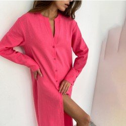  Loose Cotton Pure Color Split Hem Casual Dress