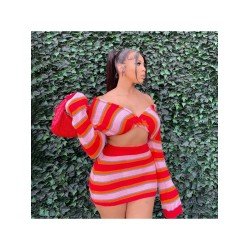 Off The Shoulder Striped Cropped Top And Skirt Sets Off The Shoulder Striped Cropped Top And Skirt Sets