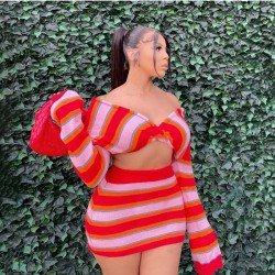 Off The Shoulder Striped Cropped Top And Skirt Sets