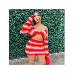 Off The Shoulder Striped Cropped Top And Skirt Sets Off The Shoulder Striped Cropped Top And Skirt Sets