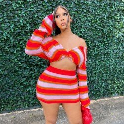 Off The Shoulder Striped Cropped Top And Skirt Sets