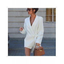 Tie Wrap Zipper Up White Ladies Long Sleeve Blazer Dress Tie Wrap Zipper Up White Ladies Long Sleeve Blazer Dress