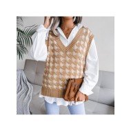 V Neck Houndstooth Sleeveless Sweater Vest For Women