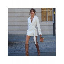 Tie Wrap Zipper Up White Ladies Long Sleeve Blazer Dress Tie Wrap Zipper Up White Ladies Long Sleeve Blazer Dress