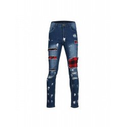 Plaid Patchwork Ripped Pencil Jeans For Men