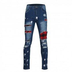 Plaid Patchwork Ripped Pencil Jeans For Men