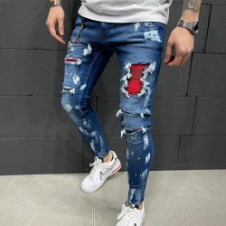 Plaid Patchwork Ripped Pencil Jeans For Men