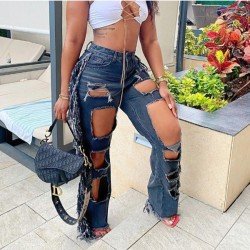 Stylish Hole Tassel Jean Trousers For Women