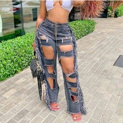 Stylish Hole Tassel Jean Trousers For Women