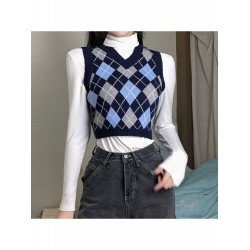 Rhombus V Neck Sweater Vest Tops