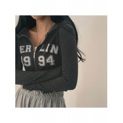 Hooded Collar Letter Printed Zipper Down Ladies Tops Hooded Collar Letter Printed Zipper Down Ladies Tops