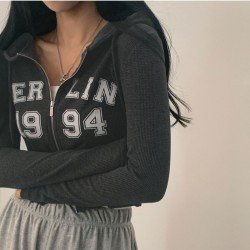 Hooded Collar Letter Printed Zipper Down Ladies Tops