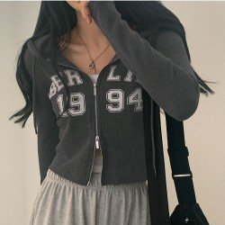 Hooded Collar Letter Printed Zipper Down Ladies Tops