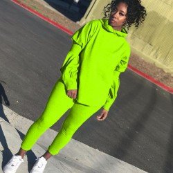  Casual Pure Color Hooded Women's Two-Piece Set