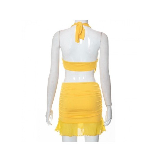 Sexy Halter Mesh Pure Color Backless Skirt Suit