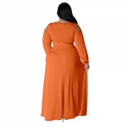  Large Size Solid Color V-Neck Two-Piece Skirt Sets