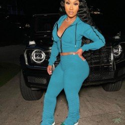  Pure Color Casual Hooded Zipper Women's Set