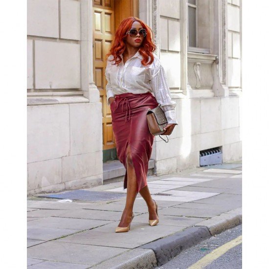 PU Leather Solid Slit Midi Skirts