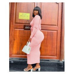 V Neck Pure Color Bandage Long Sleeve Dress  V Neck Pure Color Bandage Long Sleeve Dress