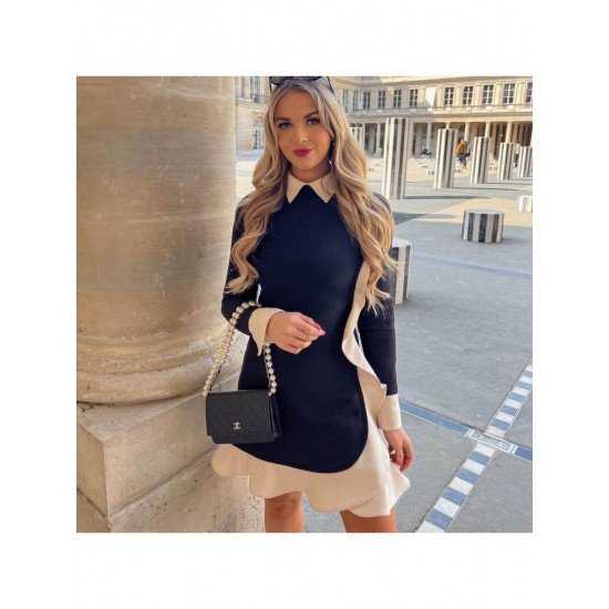  2024 Contrast Color Ruffled Women's Long Sleeve Dress