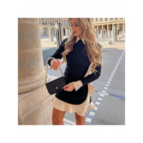  2024 Contrast Color Ruffled Women's Long Sleeve Dress